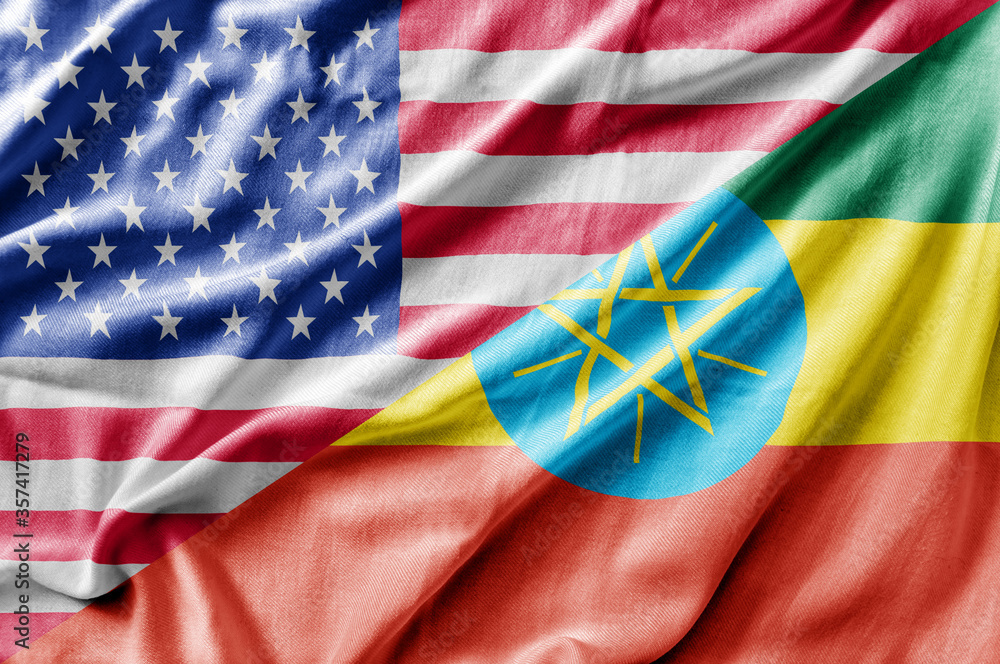 Mixed USA and Ethiopia flag, three dimensional render Mixed USA and Ethiopia flag, three dimensional render