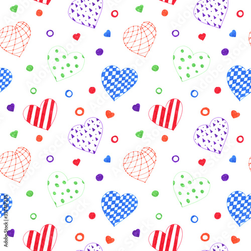 Seamless pattern made of hearts, rings, dots. Color pen illustration. Perfect for wedding wrapping, textile, patterns, cards, templates.