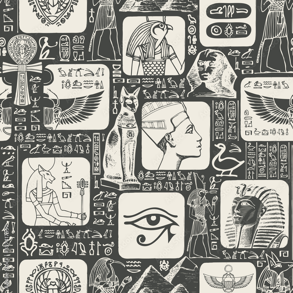 Ancient Egypt seamless pattern with the hieroglyphs are randomly ...