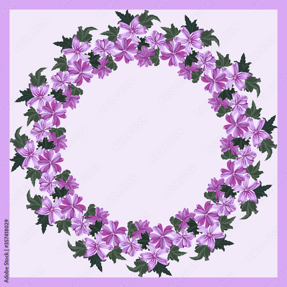Floral round frame from cute ditsy flowers. Greeting card template. Design artwork for the poster, tee shirt, pillow, home decor. Summer wild flowers wreath.