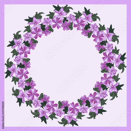 Floral round frame from cute ditsy flowers. Greeting card template. Design artwork for the poster  tee shirt  pillow  home decor. Summer wild flowers wreath.