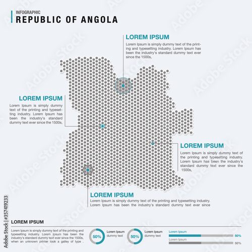 Angola country map infographics vector with pointer marks and circle chart template. Infographics layouts. Vector illustration