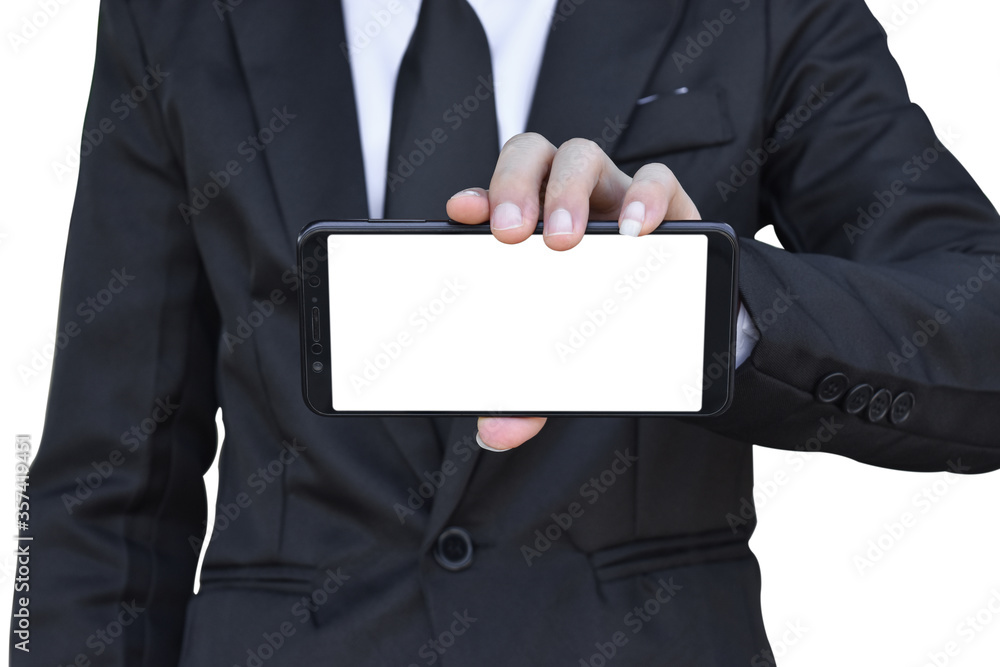 Businessman hold blank screen smartphone in hand, Isolated on white background with clipping path. Businessman hold blank screen smartphone in hand, Isolated on white background with clipping path.