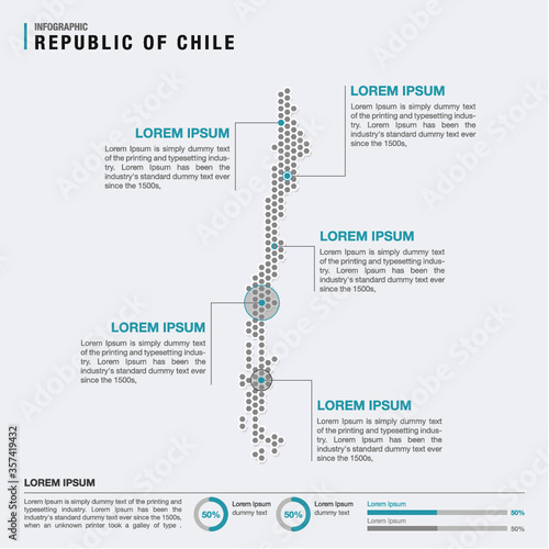 Chile country map infographics vector with pointer marks and circle chart template. Infographics layouts. Vector illustration