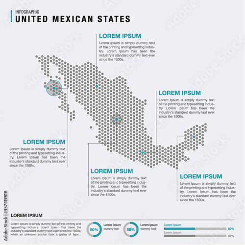 Mexico country map infographics vector with pointer marks and circle chart template. Infographics layouts. Vector illustration