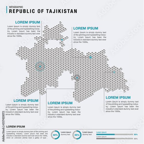 Tajikistan country map infographics vector with pointer marks and circle chart template. Infographics layouts. Vector illustration