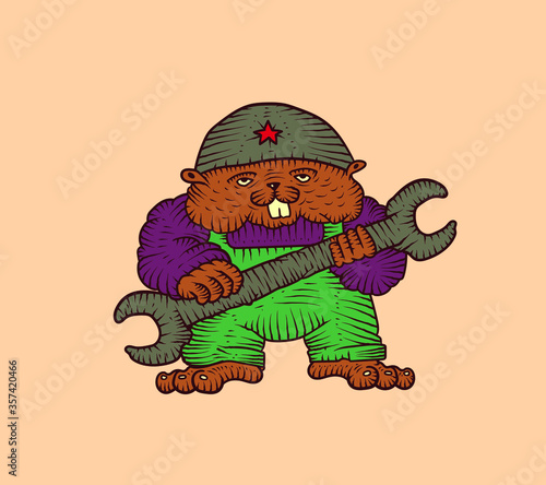 Beaver the mechanic. Rodent with a wrench. Cartoon vector illustration