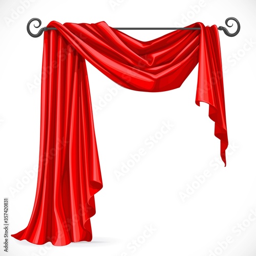 Red asymmetric curtains on the ledge forged isolated on a white background