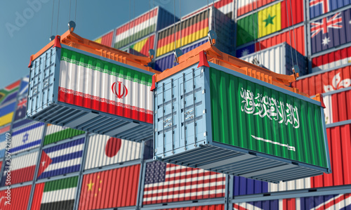 Freight containers with Iran and Saudi Arabia flag. 3D Rendering © Marius Faust