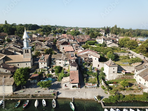 4k photo medieval city on the Geneva Lake, Yvoire, Haute-Savoie, France, Europe, drone Aerial View