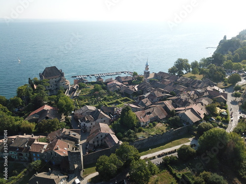 4k photo medieval city on the Geneva Lake, Yvoire, Haute-Savoie, France, Europe, drone Aerial View