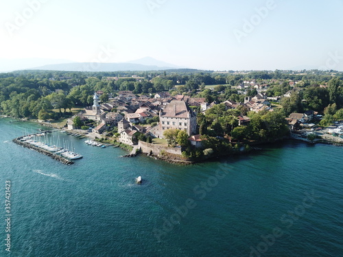 4k photo medieval city on the Geneva Lake, Yvoire, Haute-Savoie, France, Europe, drone Aerial View