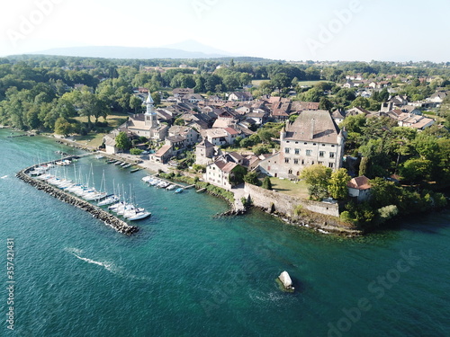 4k photo medieval city on the Geneva Lake, Yvoire, Haute-Savoie, France, Europe, drone Aerial View