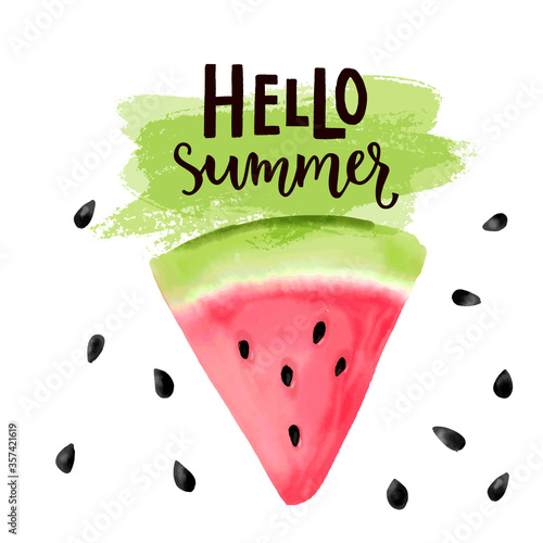 Hello summer text and watercolor watermelon slice vector illustration. Bright print design. Pink and green ripe piece of fruit isolated on white background