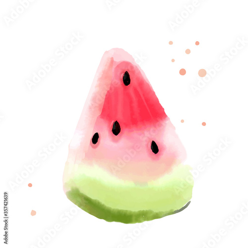 Watercolor watermelon slice with seeds. Vector hand painted illustration of fresh healthy summer snack.