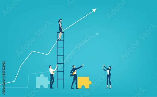 Successful business woman stands hight up on the ladder and looking for new business opportunities. Start up, developing business 