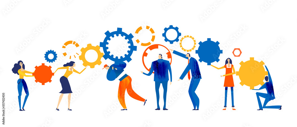 Fototapeta premium Business team, creative young people rolling gears in order to get the business work meter, support and advisory idea