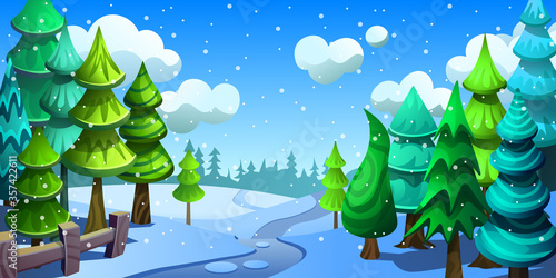 Winter landscape with Christmas trees and snowdrifts. Snowfall in the forest.
