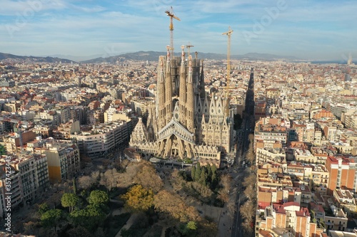4k photo Barcelona City Sagrada Familia  drone Aerial view of Barcelona, Catalunya, Spain, Europe