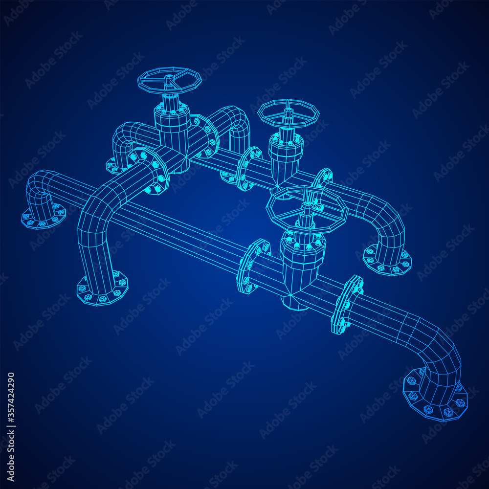Oil pipeline with valve business concept. Finance economy polygonal petrol production. Petroleum fuel industry transportation line. Wireframe low poly mesh vector illustration. Oil pipeline with valve business concept. Finance economy polygonal petrol production. Petroleum fuel industry transportation line. Wireframe low poly mesh vector illustration.