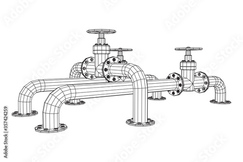Oil pipeline with valve business concept. Finance economy polygonal petrol production. Petroleum fuel industry transportation line. Wireframe low poly mesh vector illustration.