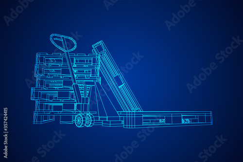 Hand pallet jack lift. Manual forklift with cargo pallet for warehouse. Logistics shipping concept. Wireframe low poly mesh vector illustration.