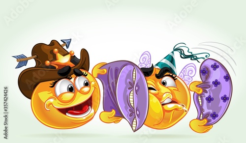 funny smileys in costume fighting pillows. a series of adult party