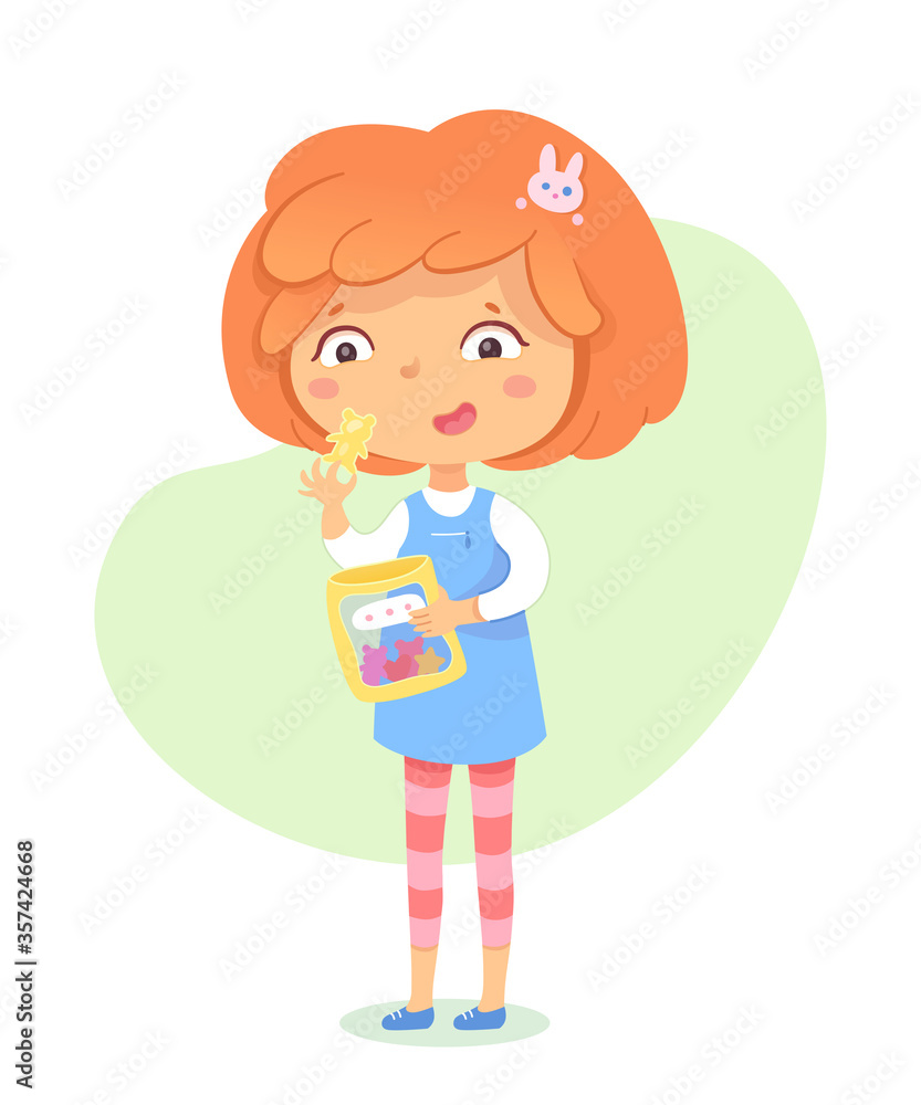 Cute girl eat jelly candy sweet dessert from pack Cute girl eat jelly candy sweet dessert from pack