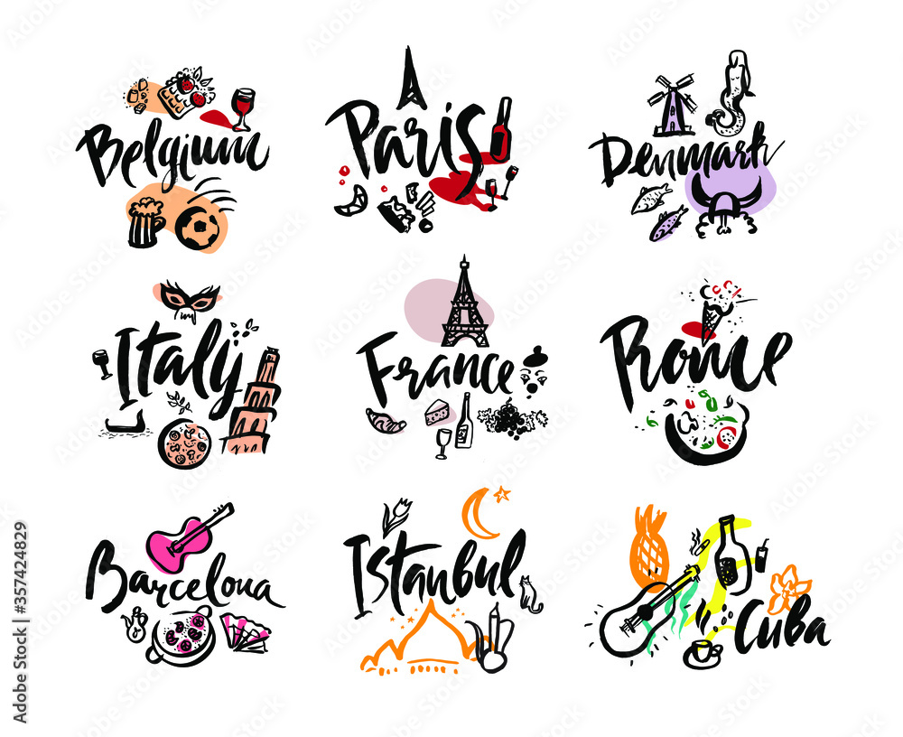 Naklejka premium Set of hand written calligraphic lettering European countries names with iconic elements. Isolated objects on white background. Vector illustration for banner, card design, poster, web.