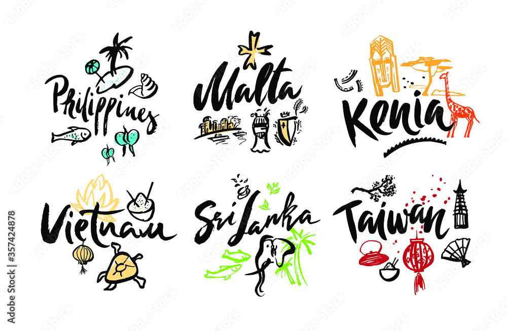Naklejka premium Set of hand written calligraphic lettering asian countries names with iconic elements. Isolated objects on white background. Vector illustration for banner, card design, poster, web.
