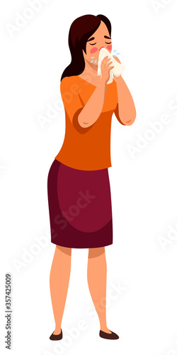 Vector illustration woman sneezes or blows nose in handkerchief