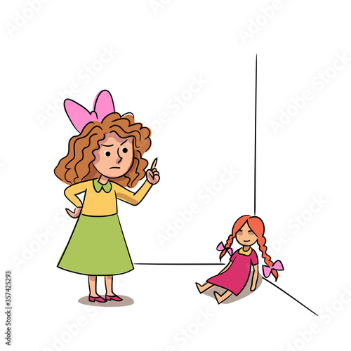 Angry little girl punish toy doll isolated persons, chain reaction