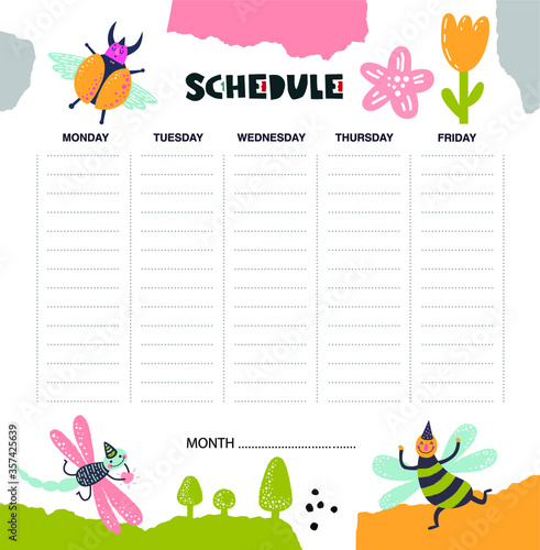 Vector weekly planner with insects in cartoon style and cute elements, flowers, trees. Organizer and schedule design template for kids. Funny bugs party illustration. 