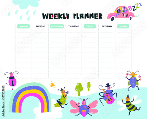 Vector weekly planner with insects in cartoon style and cute elements, flowers, trees. Organizer and schedule design template for kids. Funny bugs party illustration. 