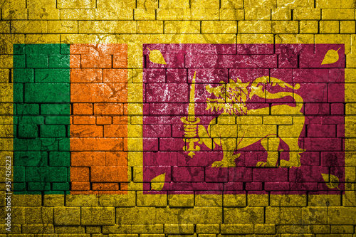 National flag of Sri Lanka on brick wall background.The concept of national pride and symbol of the country. Flag banner on stone texture background. © Виталий Сова