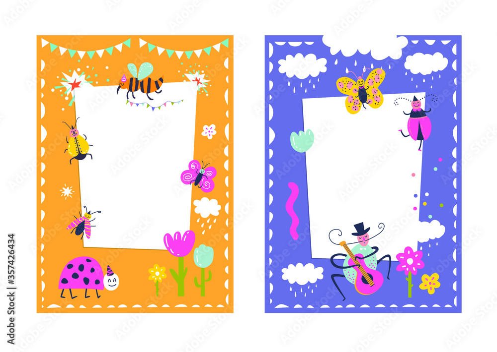 Frames set for baby's photo album, invitation, note book, postcard with cute beetles animals in cartoon style and elements. Butterfly, ladybug, rainbow. Cute frame, border Frames set for baby's photo album, invitation, note book, postcard with cute beetles animals in cartoon style and elements. Butterfly, ladybug, rainbow. Cute frame, border
