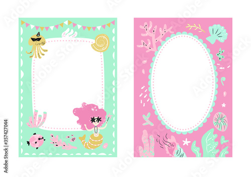Frames set for baby's photo album, invitation, note book, postcard with cute sea animals and mermaids in cartoon style and elements. Starfish, fish, shell, underwater background. Cute frame, border © SVETLANA