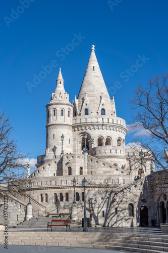 Fisherman's Bastion white castle in Budapest winter morning with blue sky