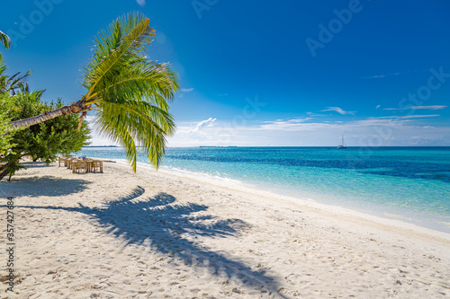 Amazing beach landscape. Beach scene with relaxing mood chairs under palm leaves close to sea.  © icemanphotos