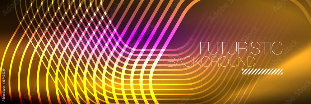 Obraz premium Shiny neon lines, stripes and waves, technology abstract background. Trendy abstract layout template for business or technology presentation, internet poster or web brochure cover, wallpaper