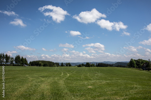 Rothaargebirge mit Wiesen und Wäldern im Sommer
