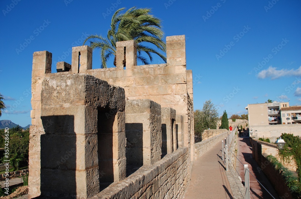 The walkway on top of the medieval fortified wall at Alcudia Old Town on the Spanish island of Majorca