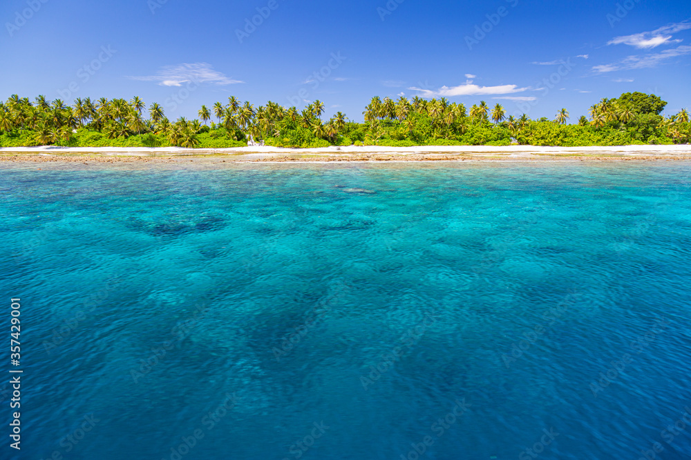 Fototapeta premium Beautiful beach nature. Exotic nature view, white sand, palm trees and amazing sea. Summer holiday and vacation concept background. Inspirational tropical landscape coral reef and amazing ocean water 