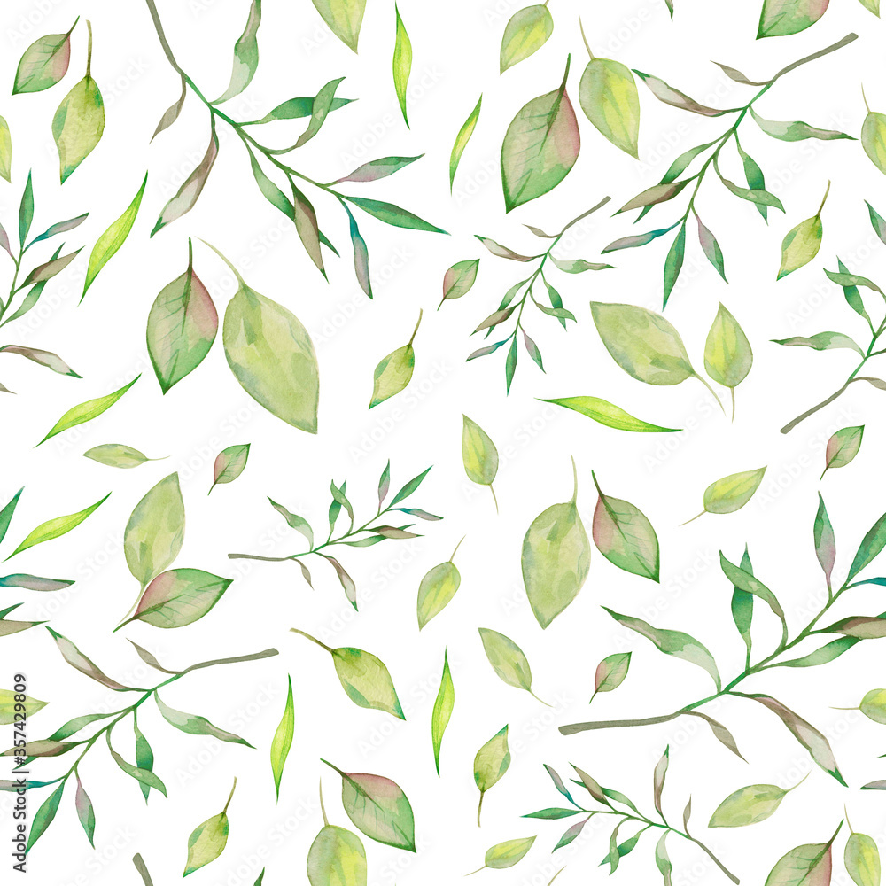 Watercolor pattern with green leaves, background for design