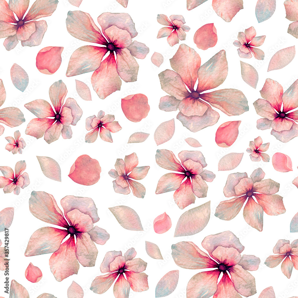 Bright watercolor pattern with beautiful pink flowers