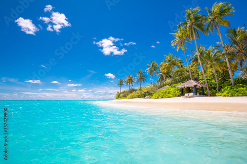 Relax island nature, sea sand sky. Tranquil beach scene. Exotic tropical beach landscape background or wallpaper. Surf of summer vacation holiday concept. Luxury travel beach, resort hotel landscape