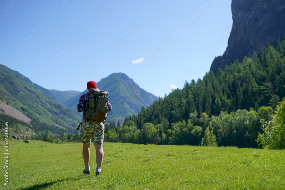 hiking, hike, hiker, mountains, men, trekking, mountain, walking, active, activity, adventure, altai, altay, back, backpack, backpacker, beautiful, blue, climbing, day, extreme, forest, freedom, grass