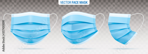 3 ply surgical face masks isolated on a transparent background. Vector set of disposable blue medical masks. Corona virus protection mask with ear loop, in a front, three-quarters, and side views.