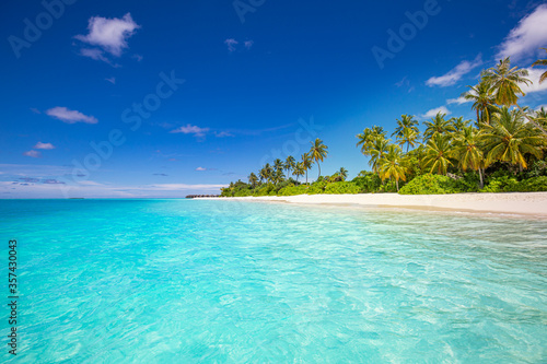 Relax island nature, sea sand sky. Tranquil beach scene. Exotic tropical beach landscape background or wallpaper. Surf of summer vacation holiday concept. Luxury travel beach, resort hotel landscape