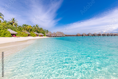 Fototapeta Naklejka Na Ścianę i Meble -  Perfect white sand beach and turquoise tropical ocean in Maldives. Luxury summer holiday and vacation vibes concept. Relax beach, tranquility and peaceful nature. Shore or coast in exotic island